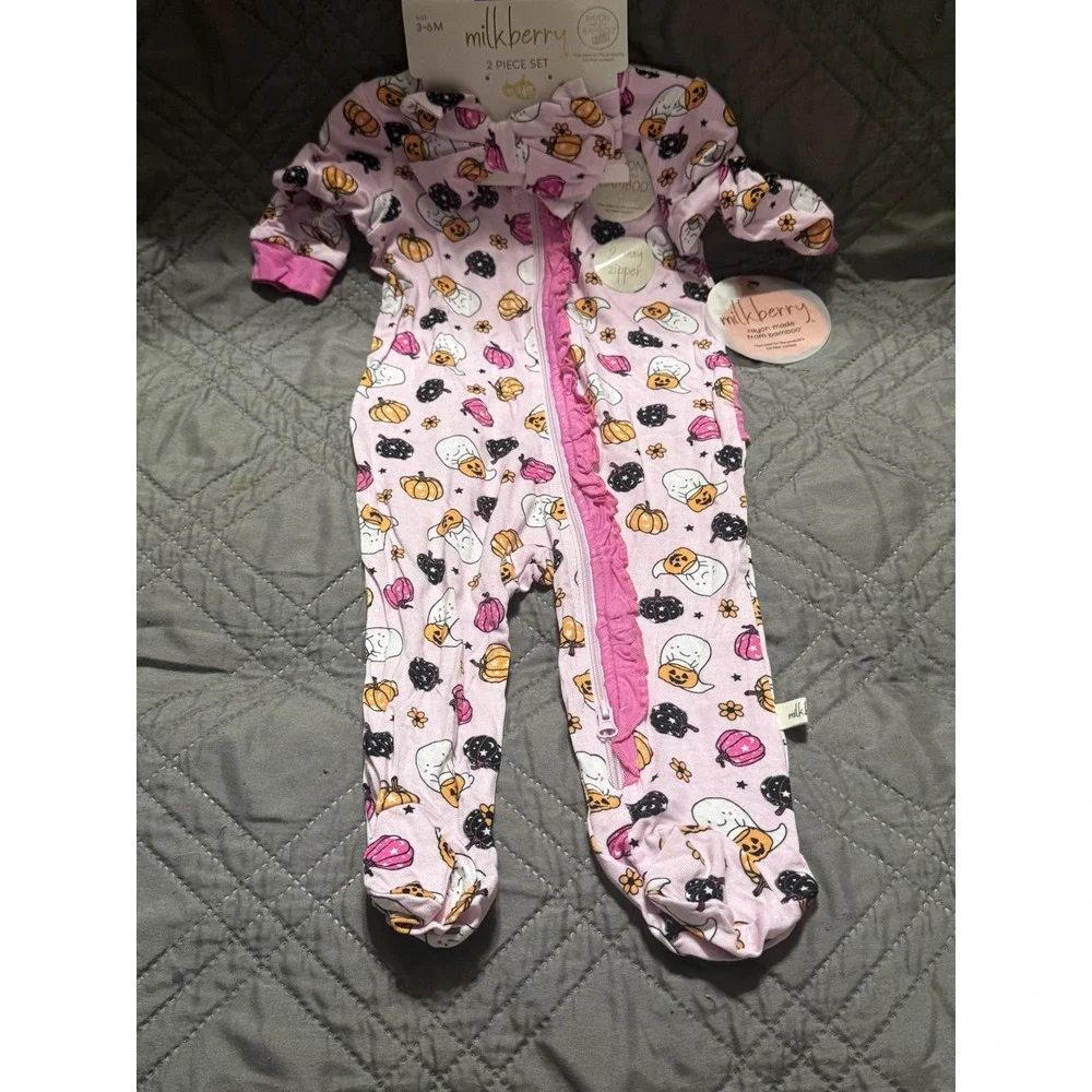 Milkberry Pink Bamboo Halloween Ghost Pumpkin Footed Sleeper & Headband Set 3-6M